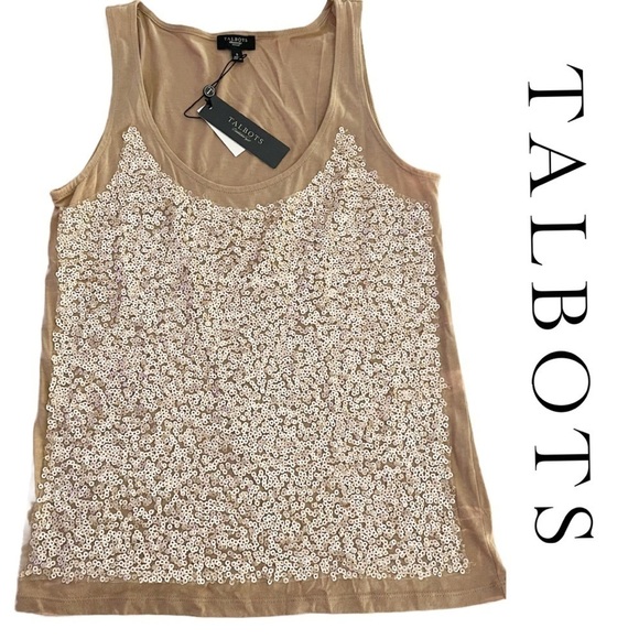 ✨NEW!✨ TALBOTS Women’s Tan Sequin Petite Tank Top - Small - Picture 1 of 10